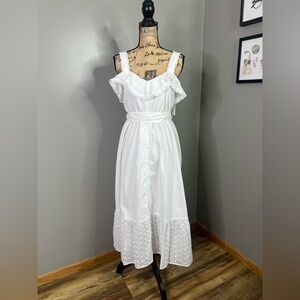 Aura White Midi sun Dress Ruffle eyelet‎ small cottagecore island travel cruise